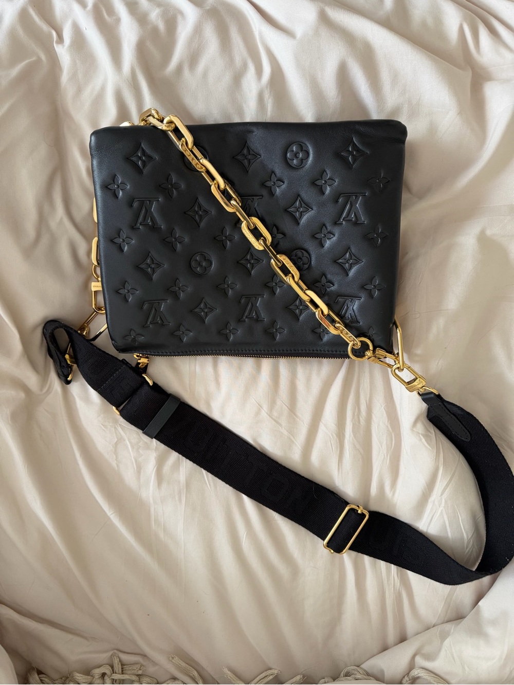 Louis Vuitton Black Embossed Monogram Leather Crossbody with Gold Chain